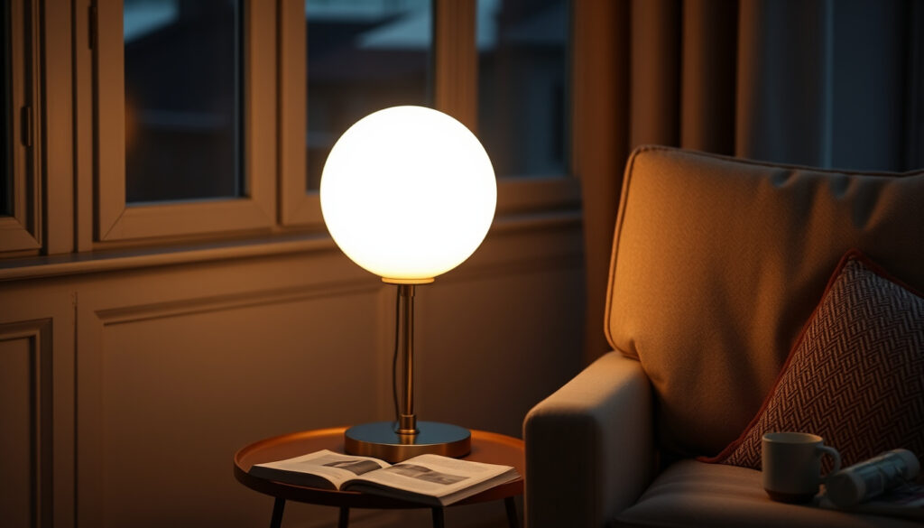 Lasinen pallomainen pöytävalaisin pehmeän hehkuvana olohuoneen sivupöydällä iltaisin, vieressä kirja ja kuppi kahvia.
