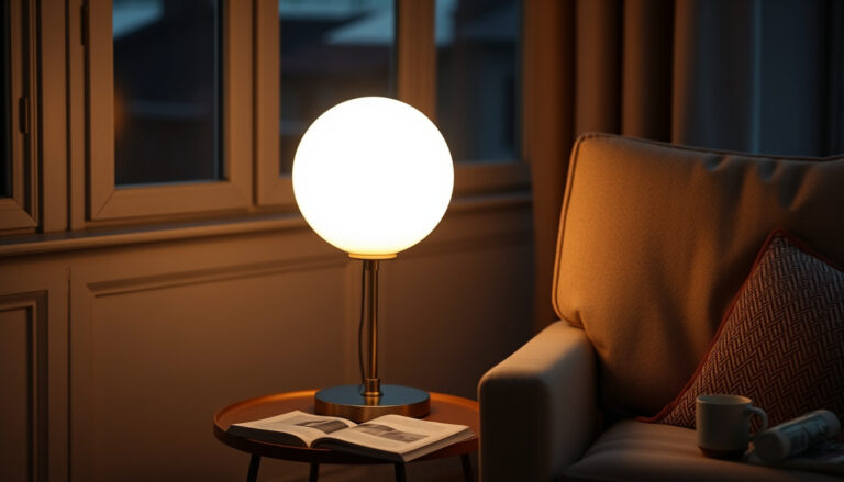 Lasinen pallomainen pöytävalaisin pehmeän hehkuvana olohuoneen sivupöydällä iltaisin, vieressä kirja ja kuppi kahvia.