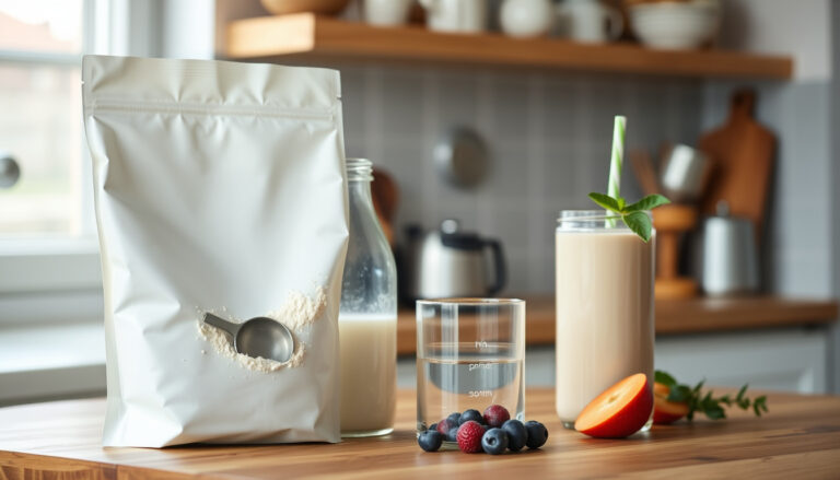 Jauhemerhat ja proteiinijauhetta sisältävä purkki keittiön tiskillä, vierellä shakeripullo ja smoothielasi aamun valmistelussa