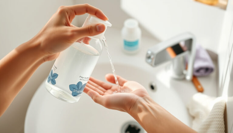 Pesuallas ja kädestä valuttava shampoo, jonka vieressä hiussuihkupullo ja pyyhe vihjaavat hiuspesuun kotikylpyhuoneessa.