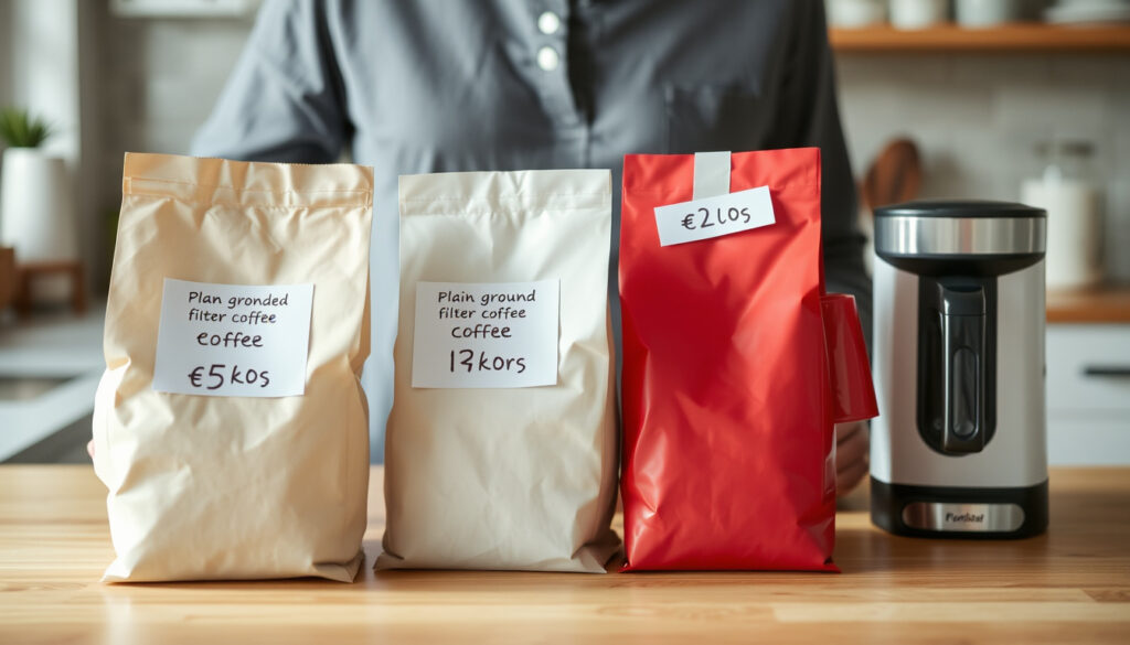 Kahvinkeittimen vieressä kaksi pakkaamatonta suodatinkahvipakettia, joiden kyljessä on kilohintaa vertaavia hintalappuja.