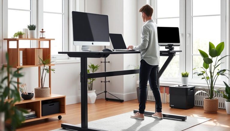 Ergonominen sähköinen korkeussäädettävä työpöytä kotitoimistossa, näyttö ja kannettava pöydällä, henkilö työskentelee seisten.