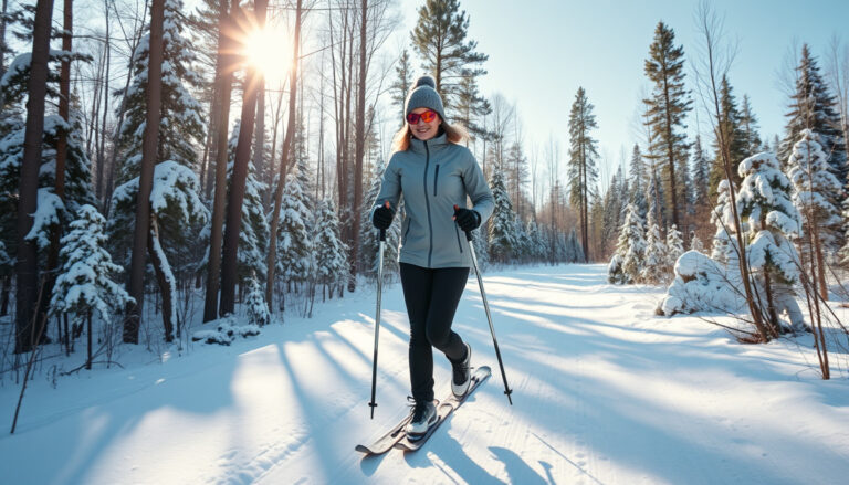 Hiihtäjä rauhallisella talvisella ladulla pehmeissä talvihousuissa ja aurinkoisessa metsämaisemassa